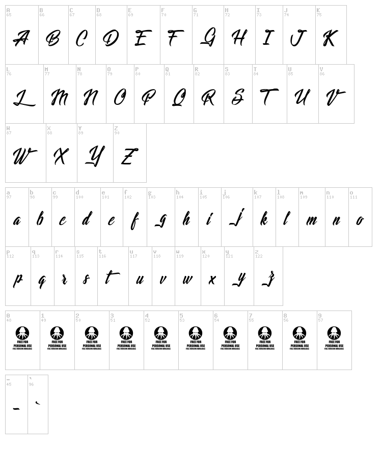 Lights of the Stardust font map